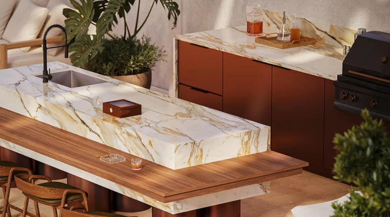 Caesarstone porcelain 536 Antikella surface in Modern outdoor kitchen with marble countertops, wooden bar stools, plants, and a built-in grill.